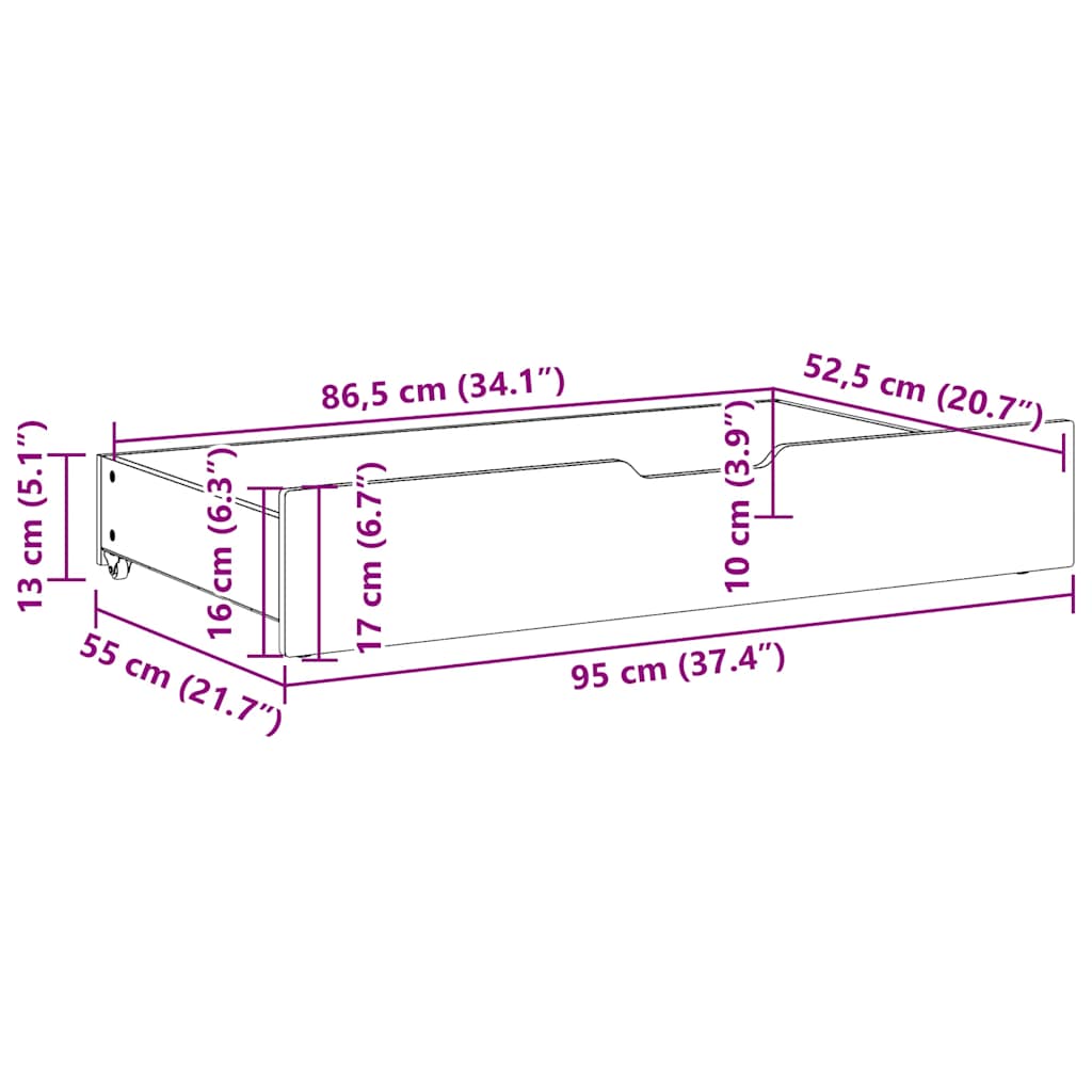 Cassettoni da Letto con Ruote 2 pz 95x55x17 cm in Legno di Pino