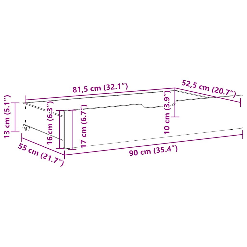 Cassettoni da Letto 2 pz Bianchi 90x55x17cm Legno Massello Pino