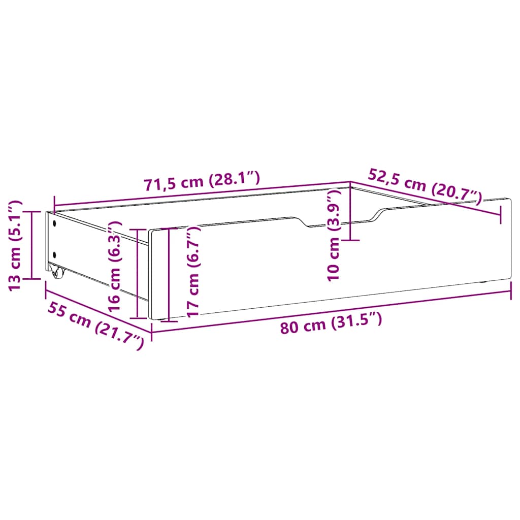 Cassettoni da Letto con Ruote 2 pz 80x55x17 cm in Legno di Pino