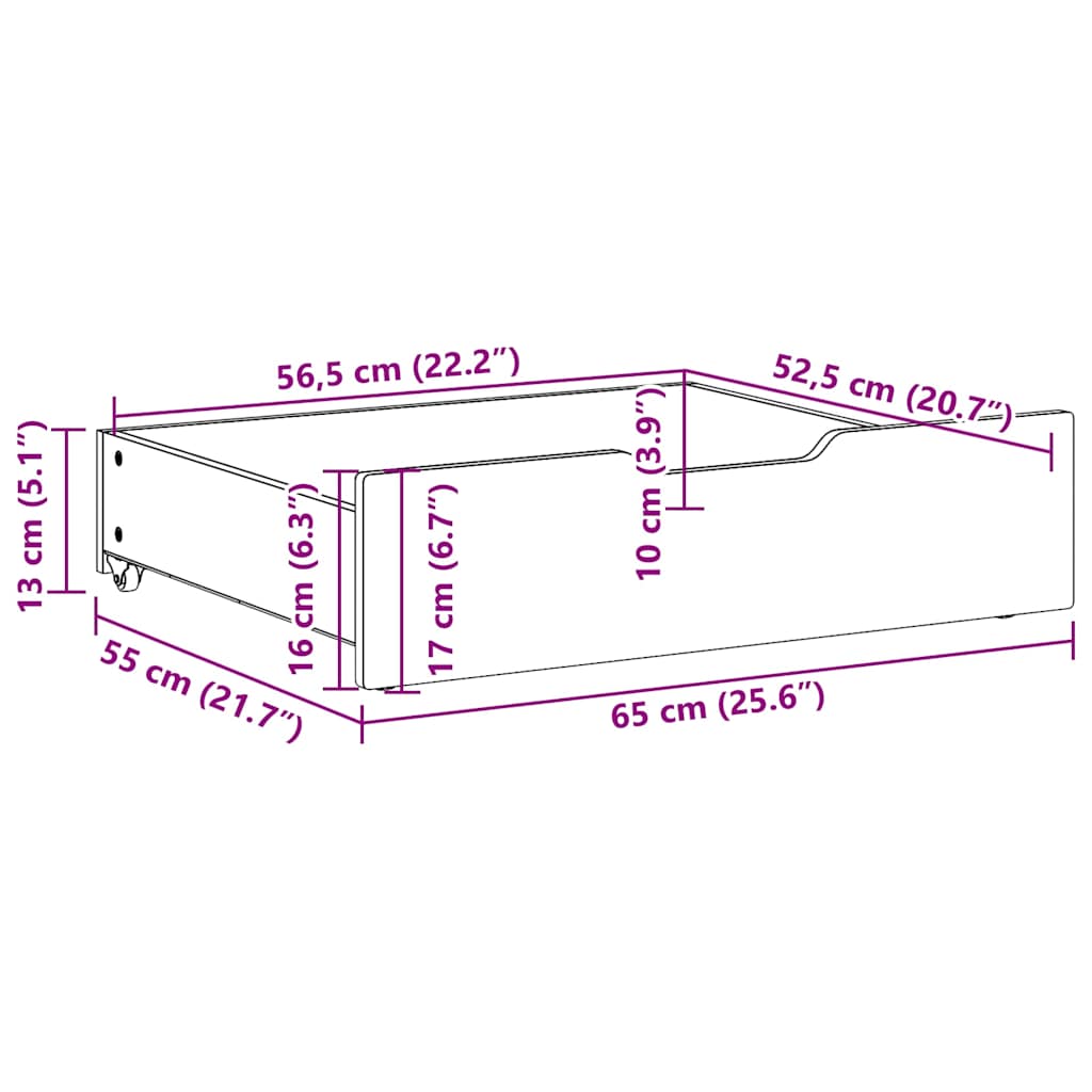 Cassettoni da Letto con Ruote 2 pz 65x55x17 cm in Legno di Pino