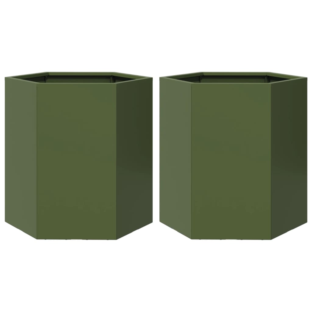 Fioriere da Giardino 2pz Verde Oliva Esagono 46x40x45cm Acciaio