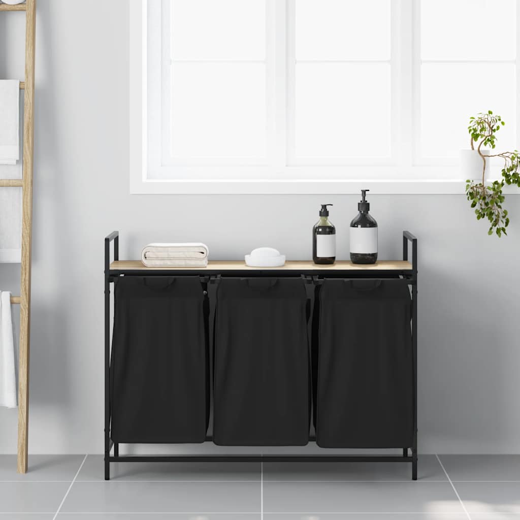 Cesto per la Biancheria 3 Scomparti con Ripiano Rovere Sonoma
