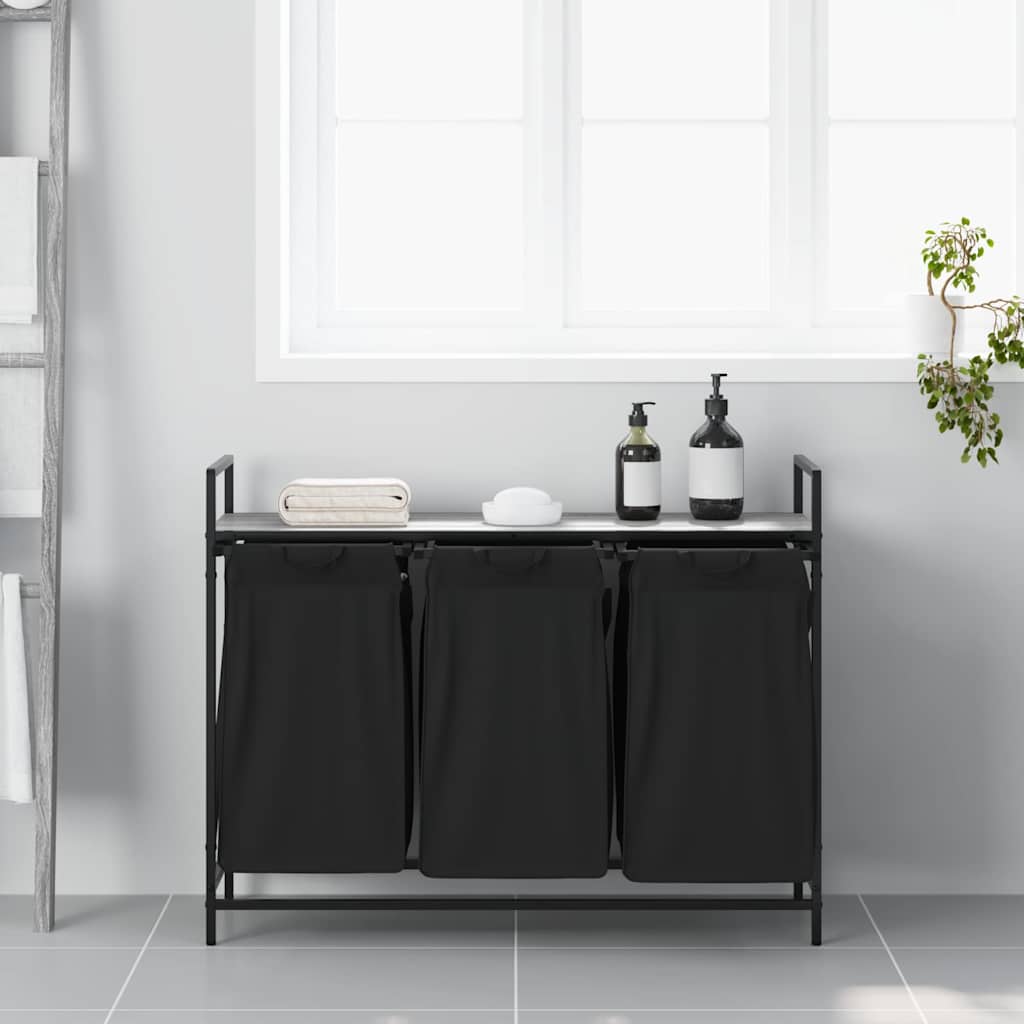 Cesto per la Biancheria 3 Scomparti con Ripiano Grigio Sonoma