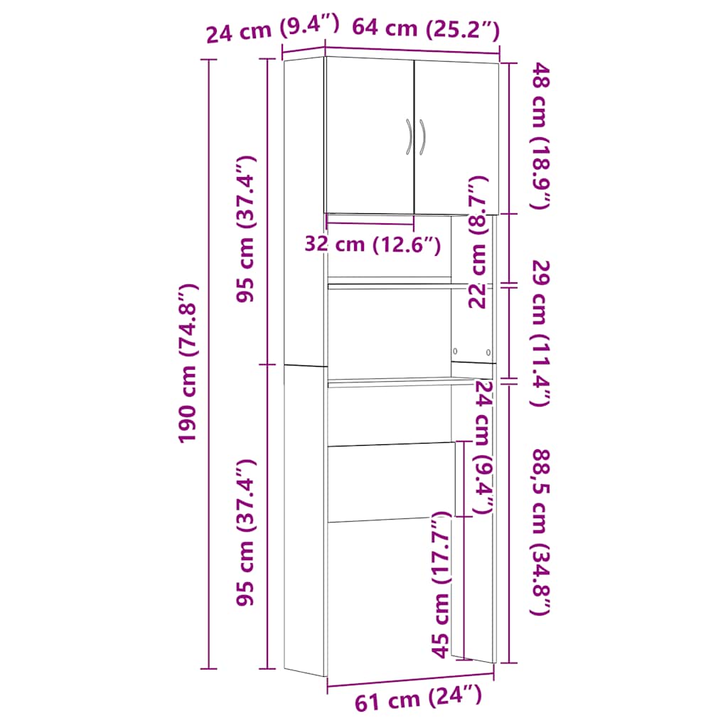 Mobile Lavatrice Grigio Sonoma 64x24x190 cm Legno Multistrato