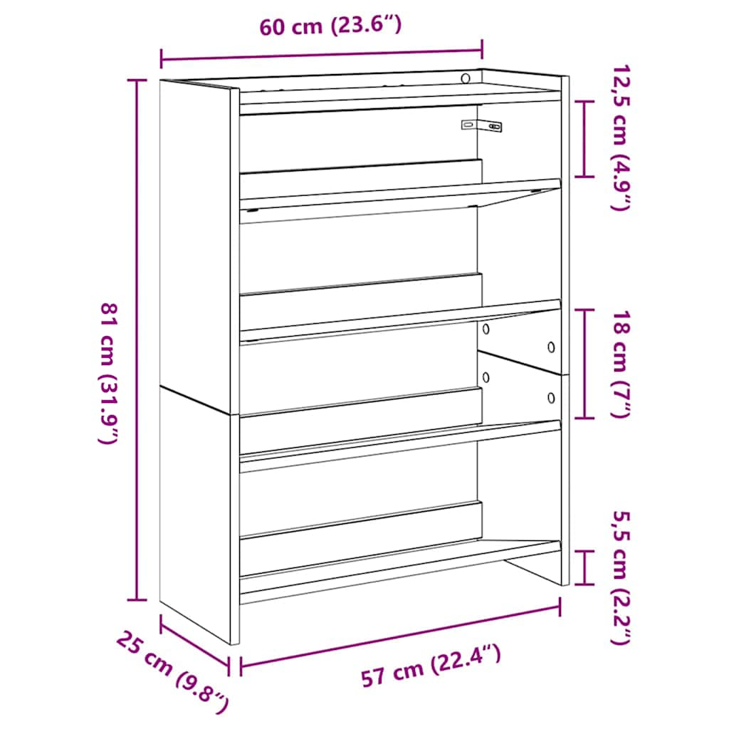Scarpiera Rovere Artigianale 60x25x81 cm in Legno Multistrato