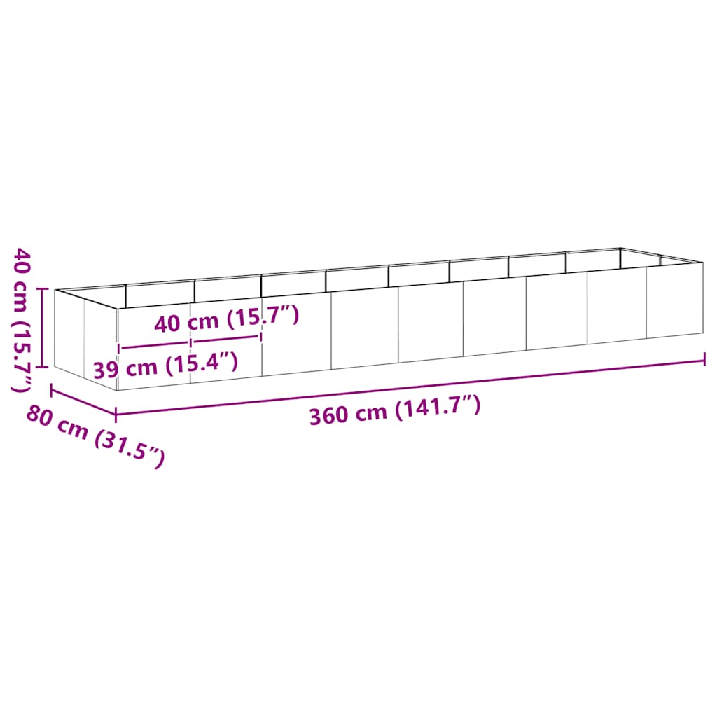 Fioriera Lunga 360 cm Acciaio Zincato Fondo Aperto