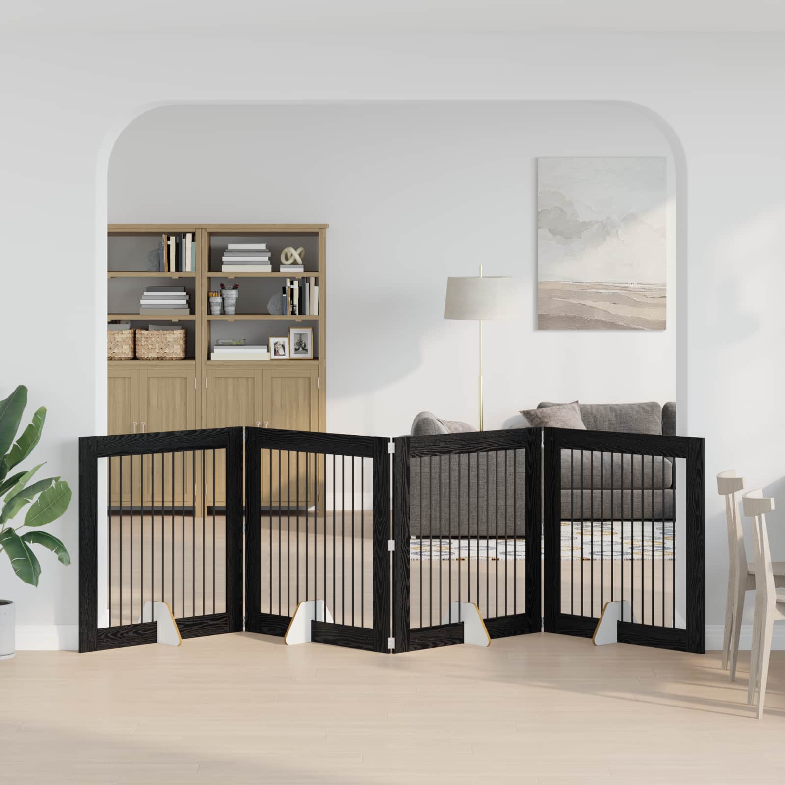 Cancello per cani pieghevole con supporti 4 pz Rovere Nero