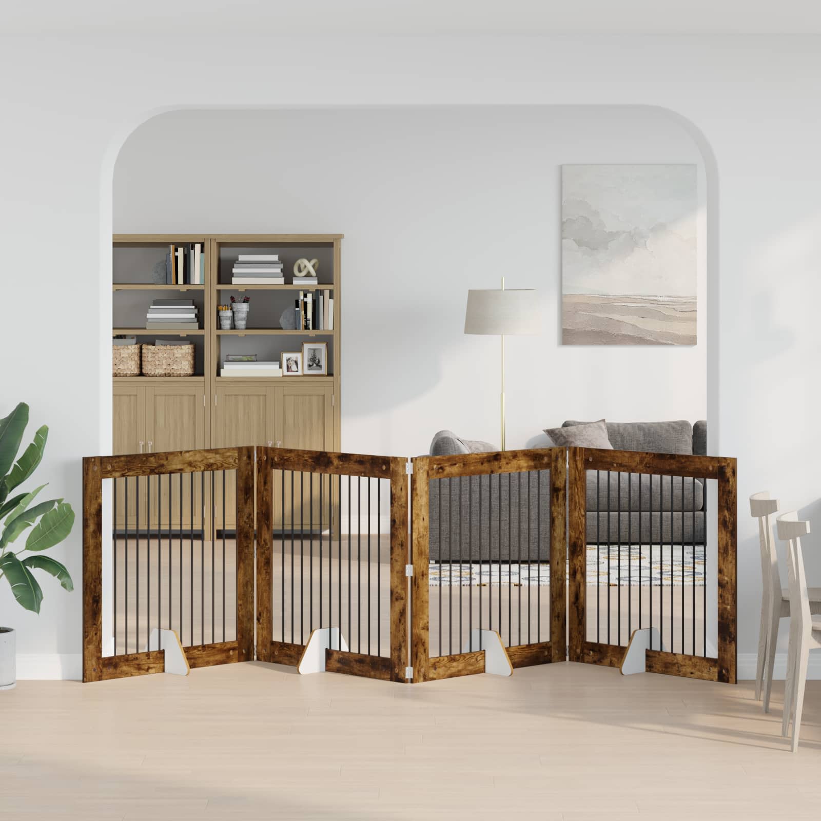 Cancello per cani pieghevole con supporti 4 pz Rovere Fumo