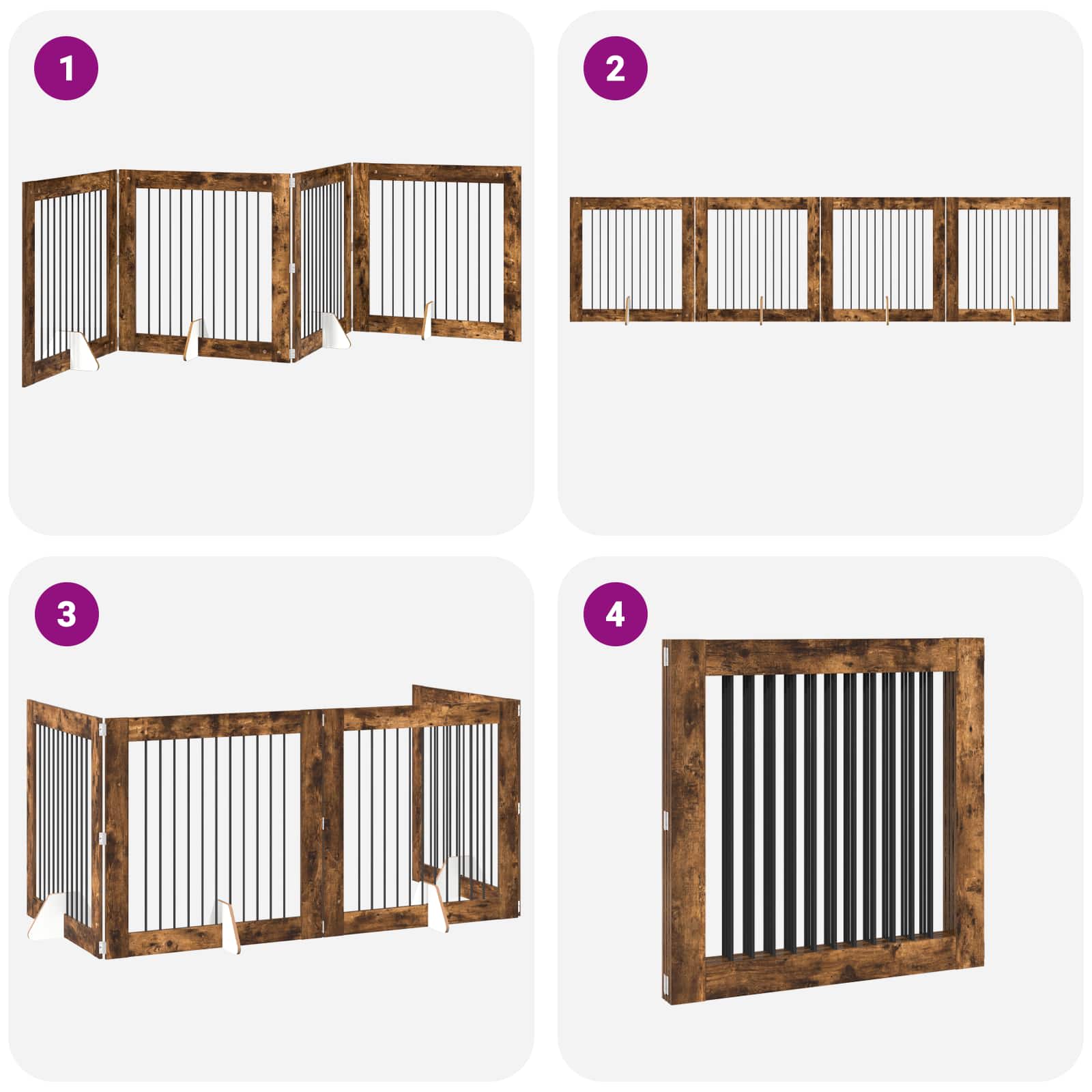 Cancello per cani pieghevole con supporti 4 pz Rovere Fumo
