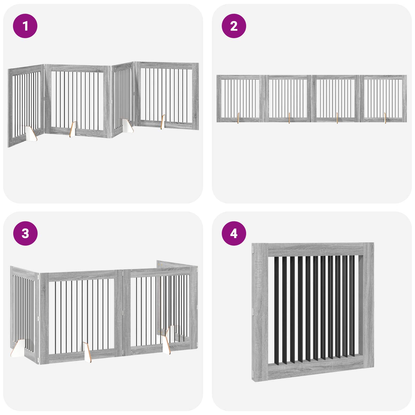 Cancello per cani pieghevole con supporti 4 pz Sonoma grigio