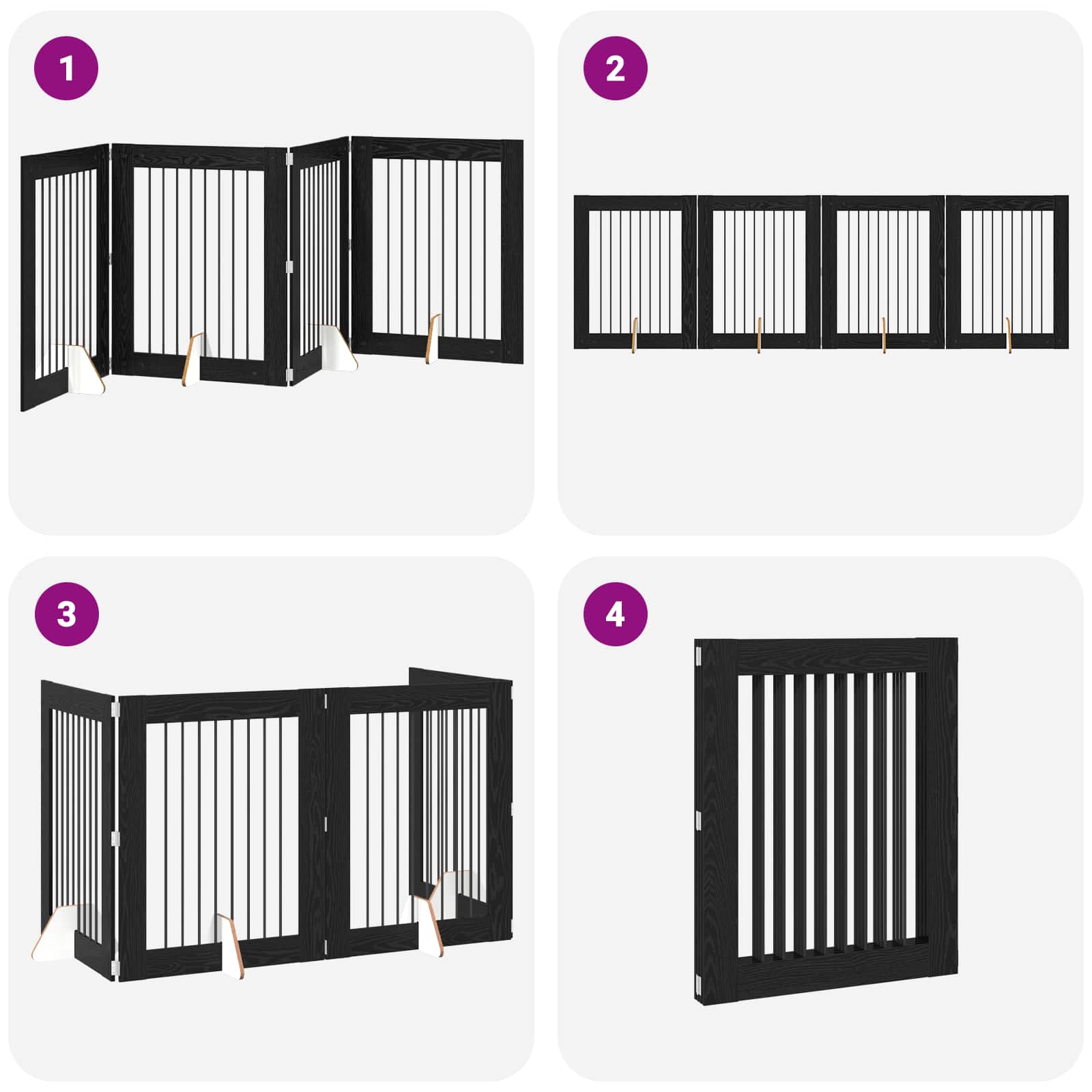 Cancello per cani pieghevole con supporti 4 pz Rovere Nero