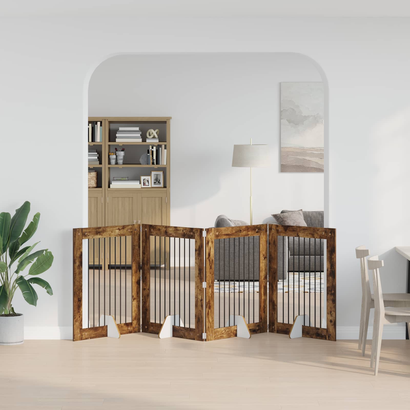 Cancello per cani pieghevole con supporti 4 pz Rovere Fumo