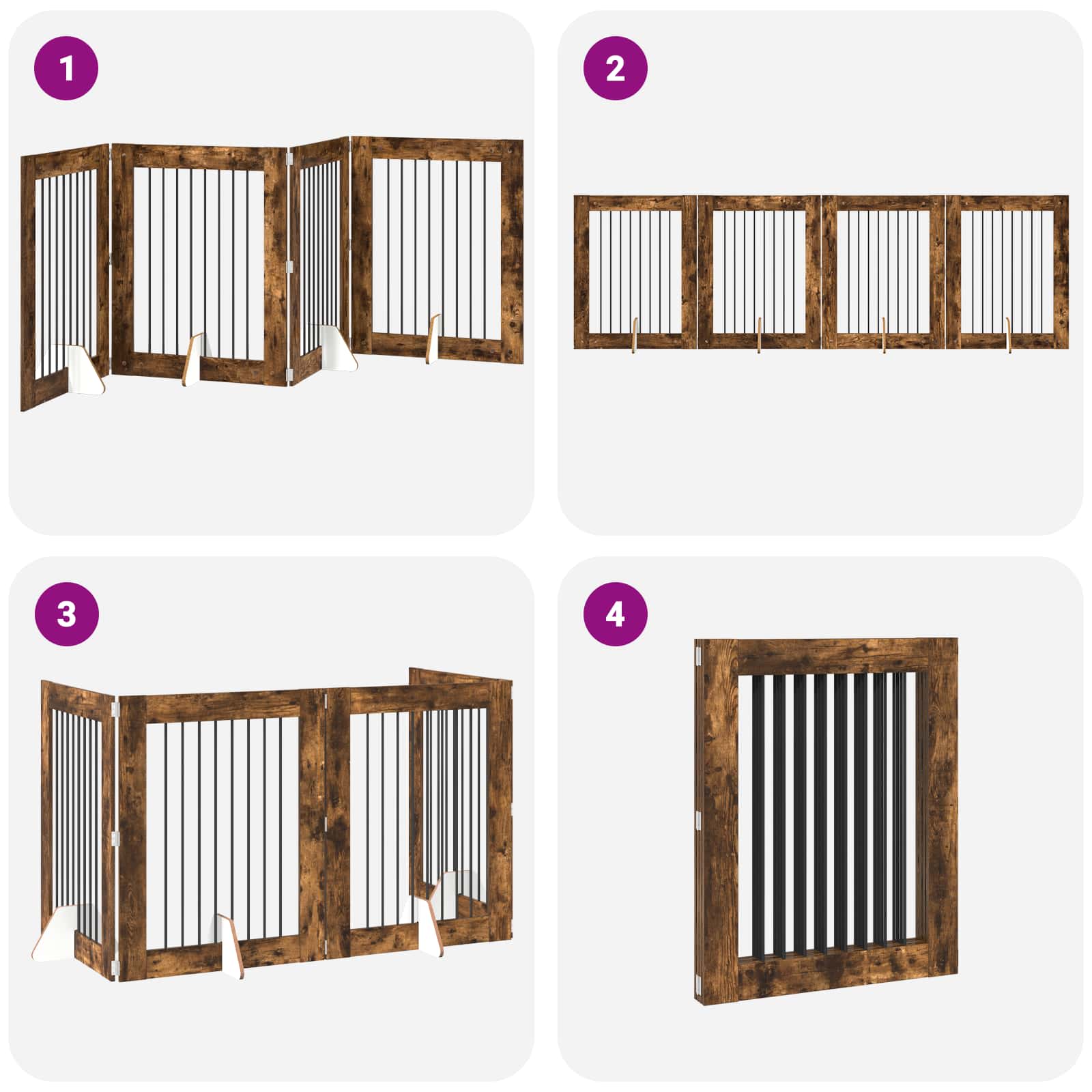 Cancello per cani pieghevole con supporti 4 pz Rovere Fumo