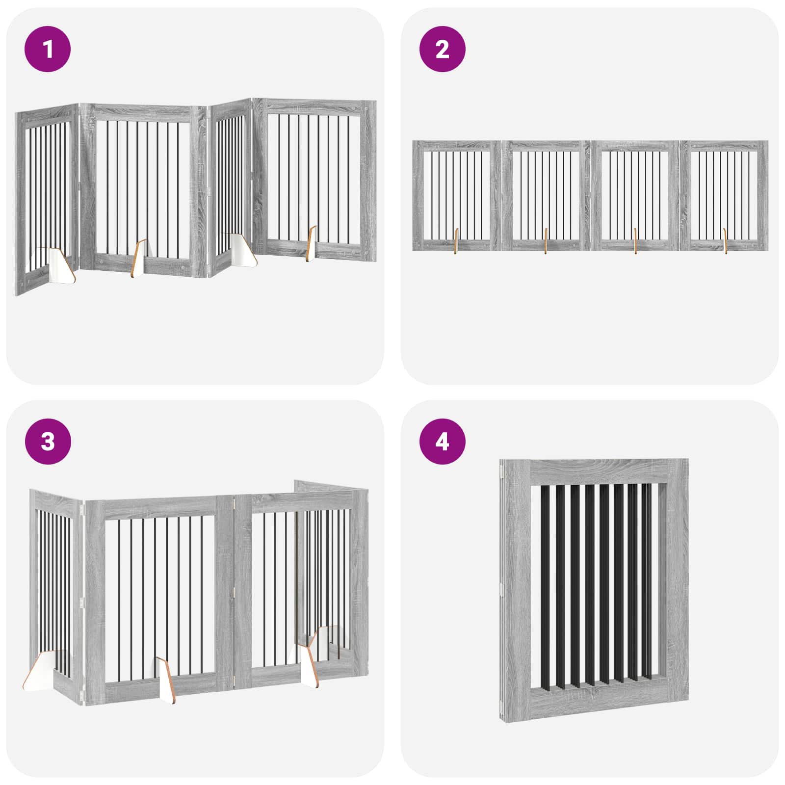 Cancello per cani pieghevole con supporti 4 pz Sonoma grigio