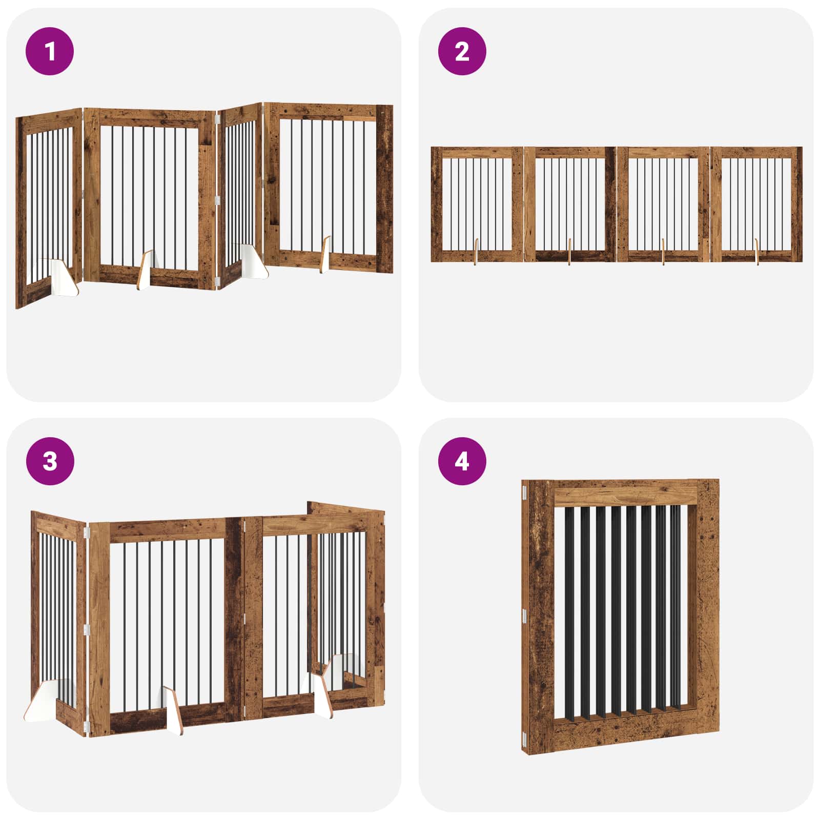 Cancello per cani pieghevole con supporti 4 pz Legno antico