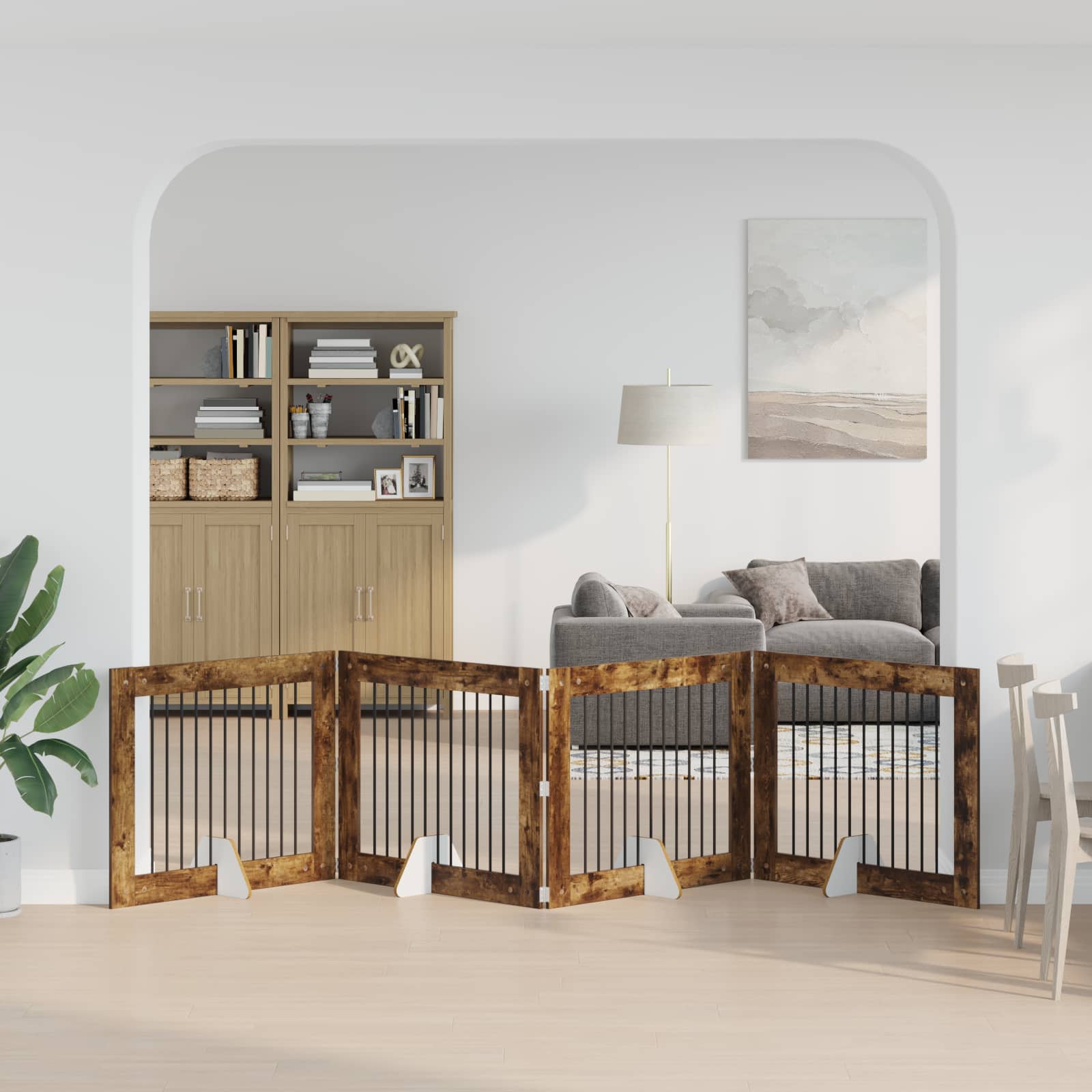 Cancello per cani pieghevole con supporti 4 pz Rovere Fumo