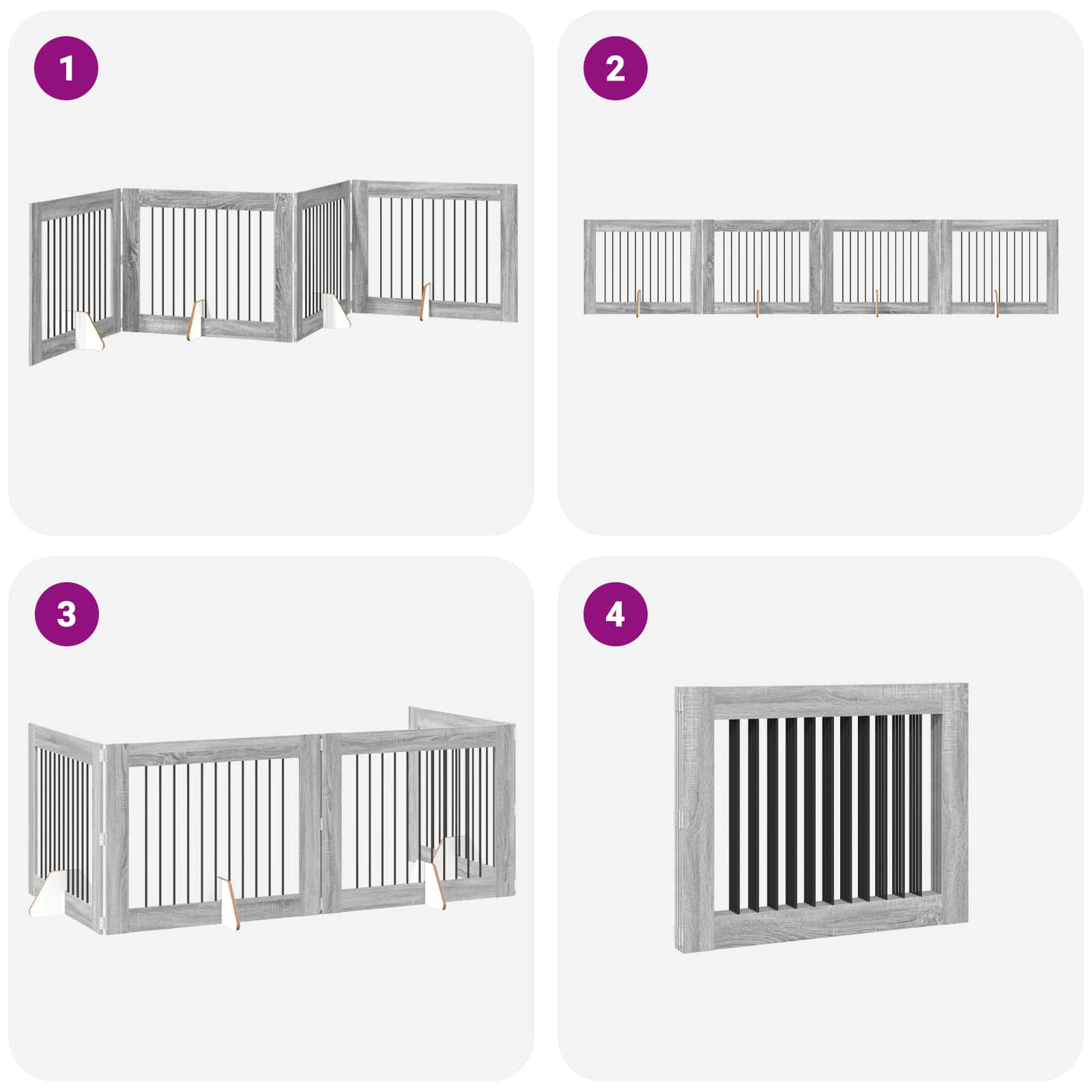 Cancello per cani pieghevole con supporti 4 pz Sonoma grigio