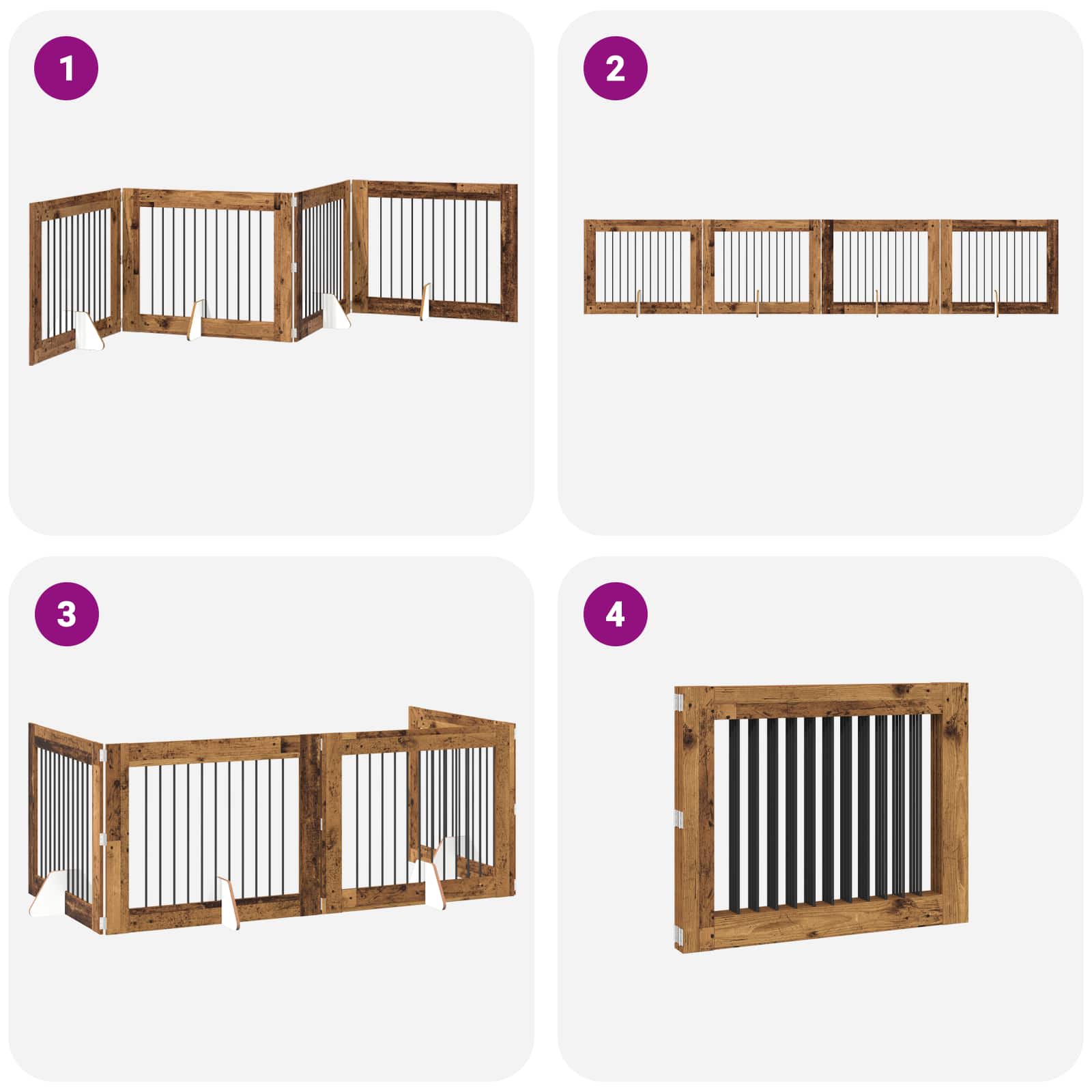 Cancello per cani pieghevole con supporti 4 pz Legno antico