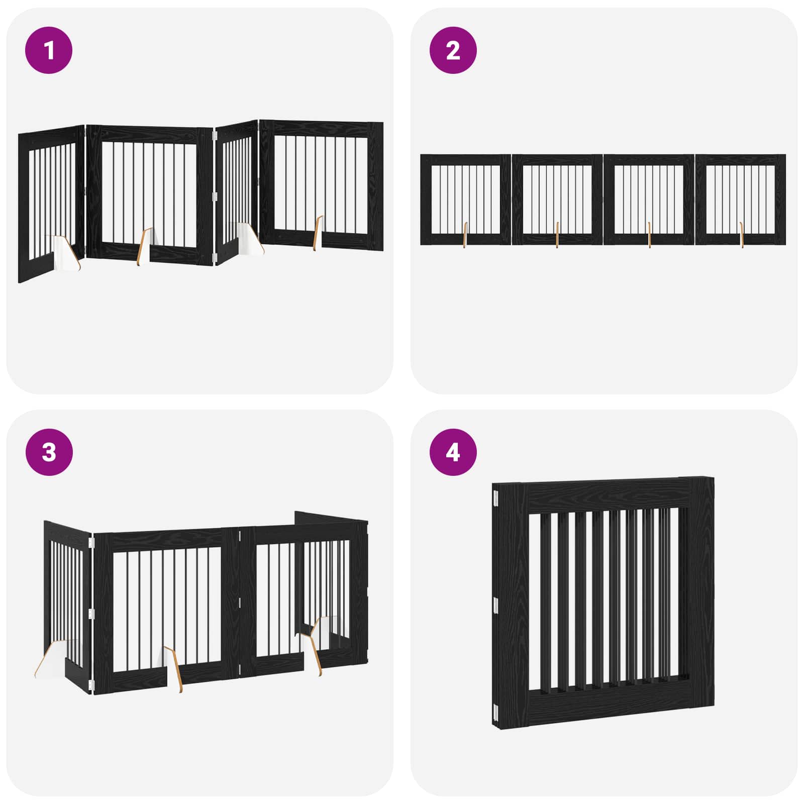 Cancello per cani pieghevole con supporti 4 pz Rovere Nero