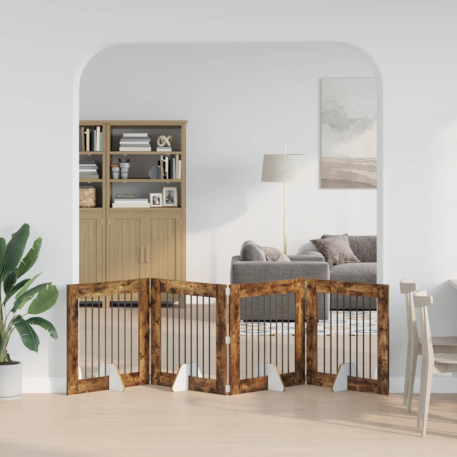 Cancello per cani pieghevole con supporti 4 pz Rovere Fumo
