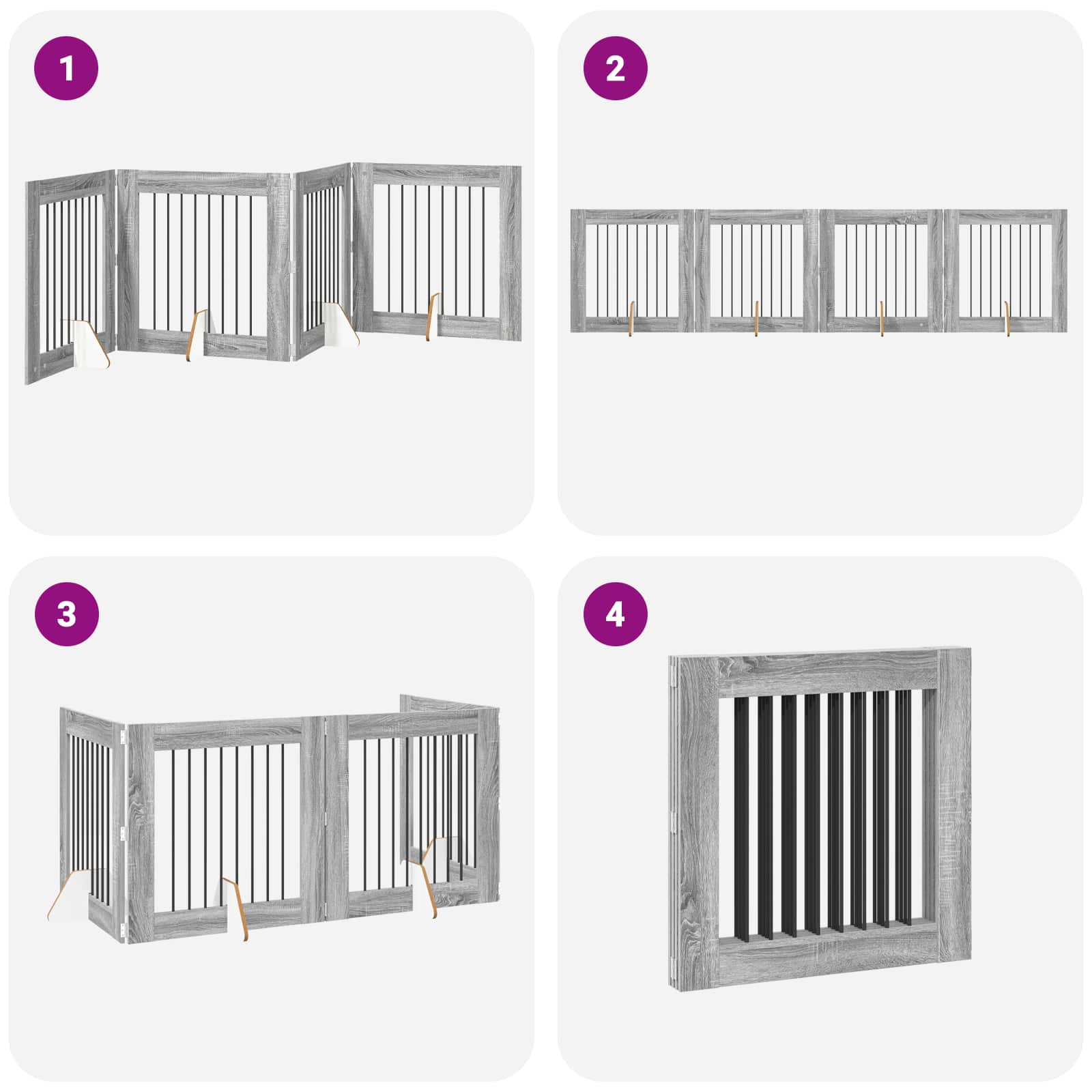 Cancello per cani pieghevole con supporti 4 pz Sonoma grigio