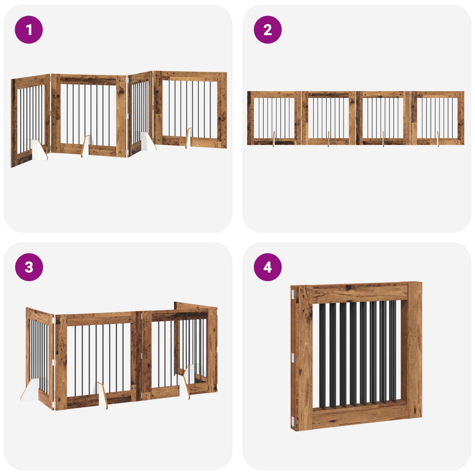 Cancello per cani pieghevole con supporti 4 pz Legno antico