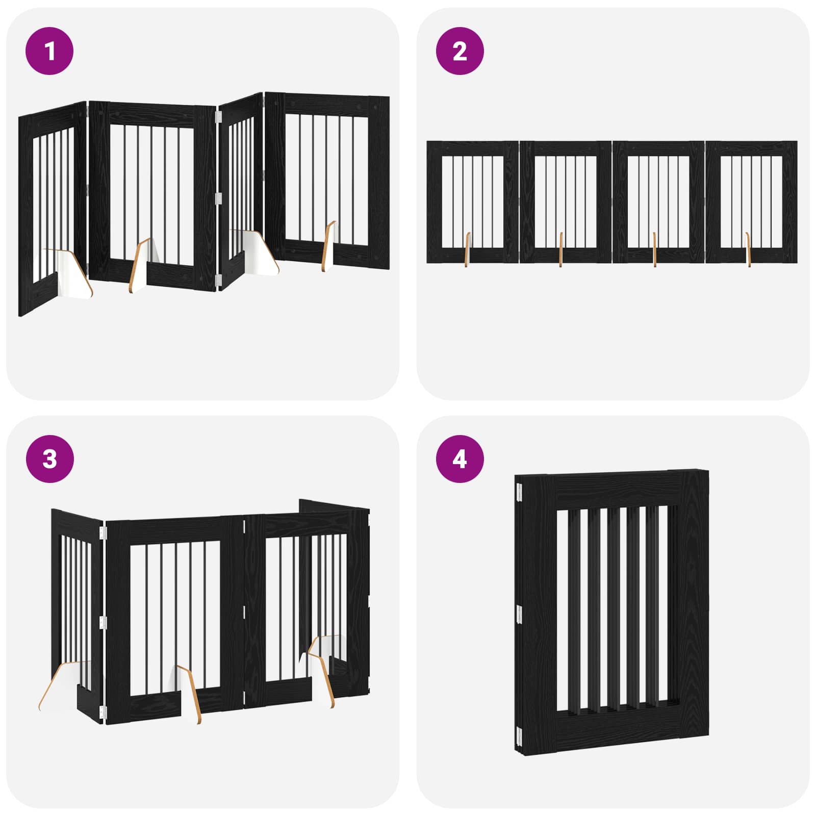 Cancello per cani pieghevole con supporti 4 pz Rovere Nero