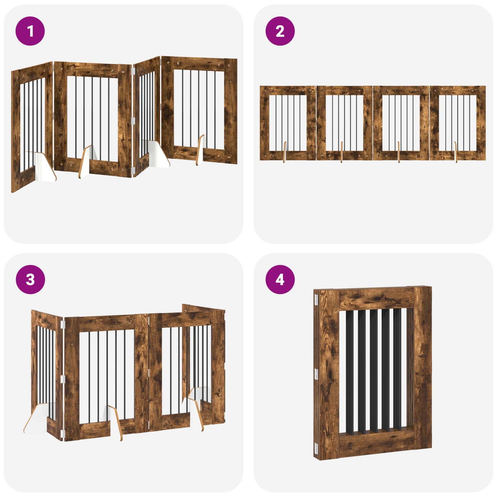 Cancello per cani pieghevole con supporti 4 pz Rovere Fumo