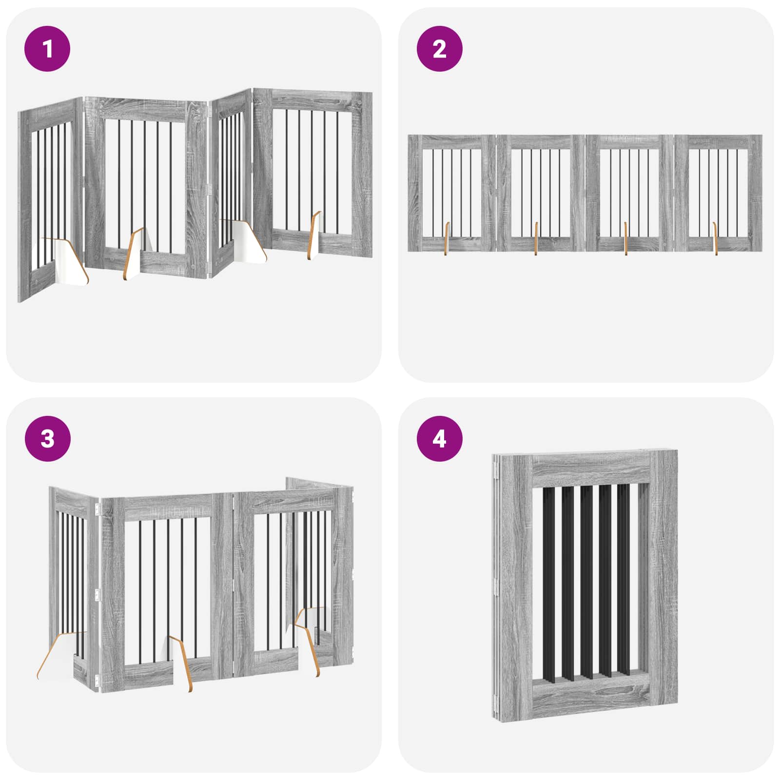 Cancello per cani pieghevole con supporti 4 pz Sonoma grigio
