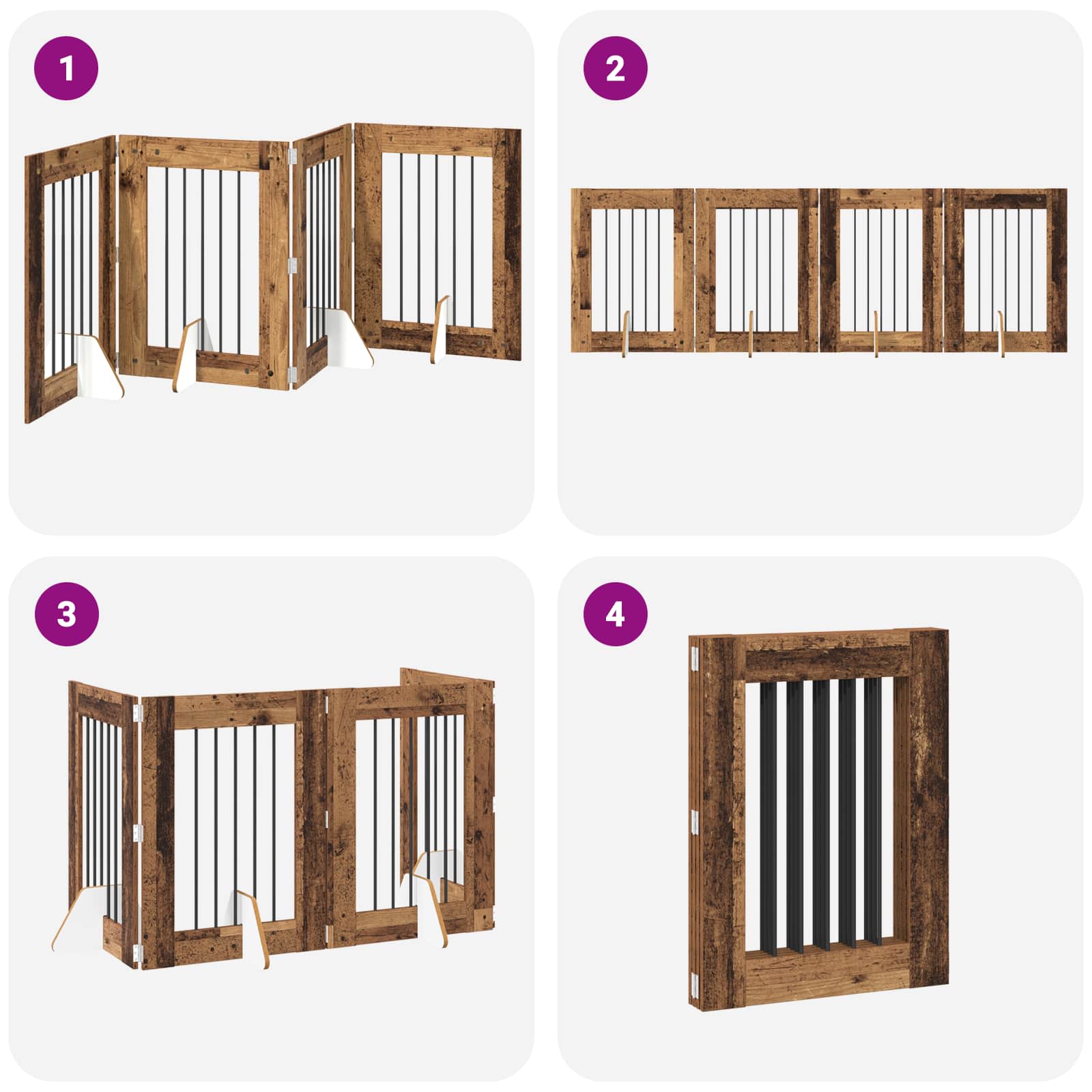 Cancello per cani pieghevole con supporti 4 pz Legno antico
