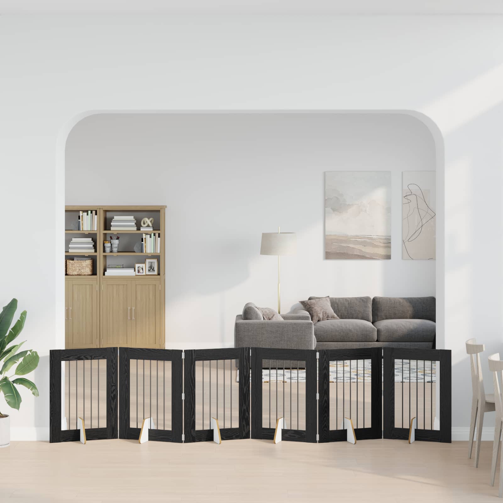 Cancello per cani pieghevole con supporti 6 pz Rovere Nero