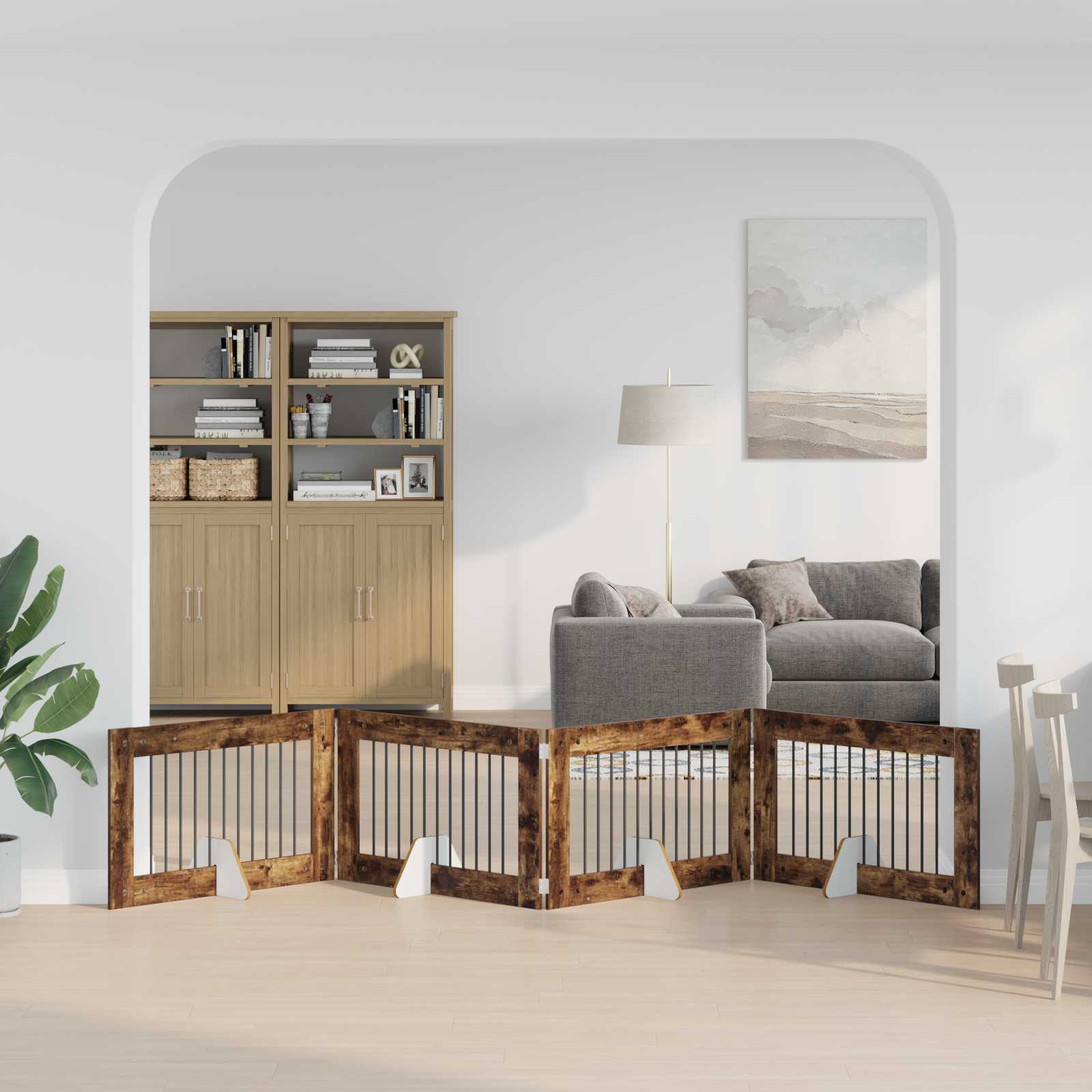 Cancello per cani pieghevole con supporti 4 pz Rovere Fumo