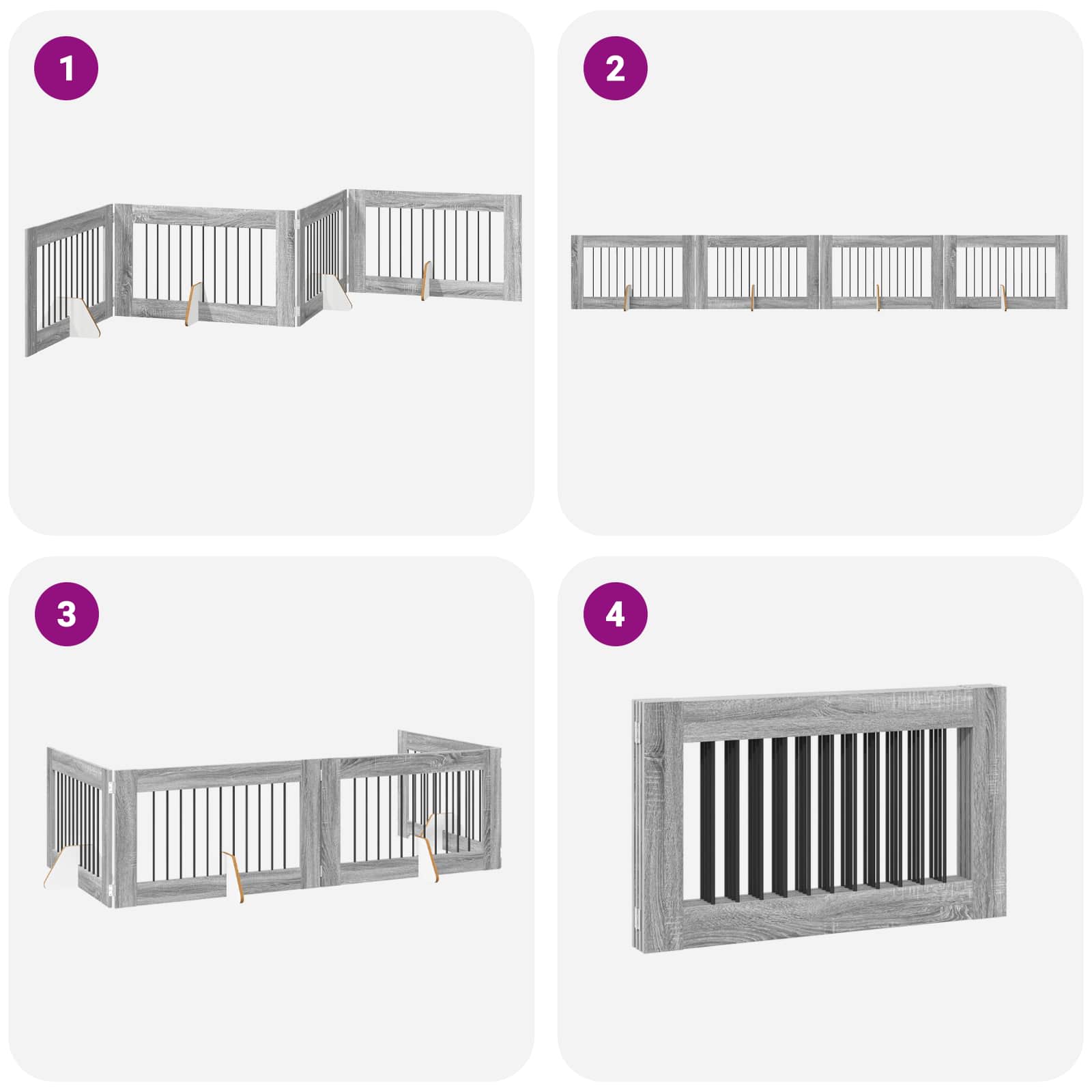 Cancello per cani pieghevole con supporti 4 pz Sonoma grigio