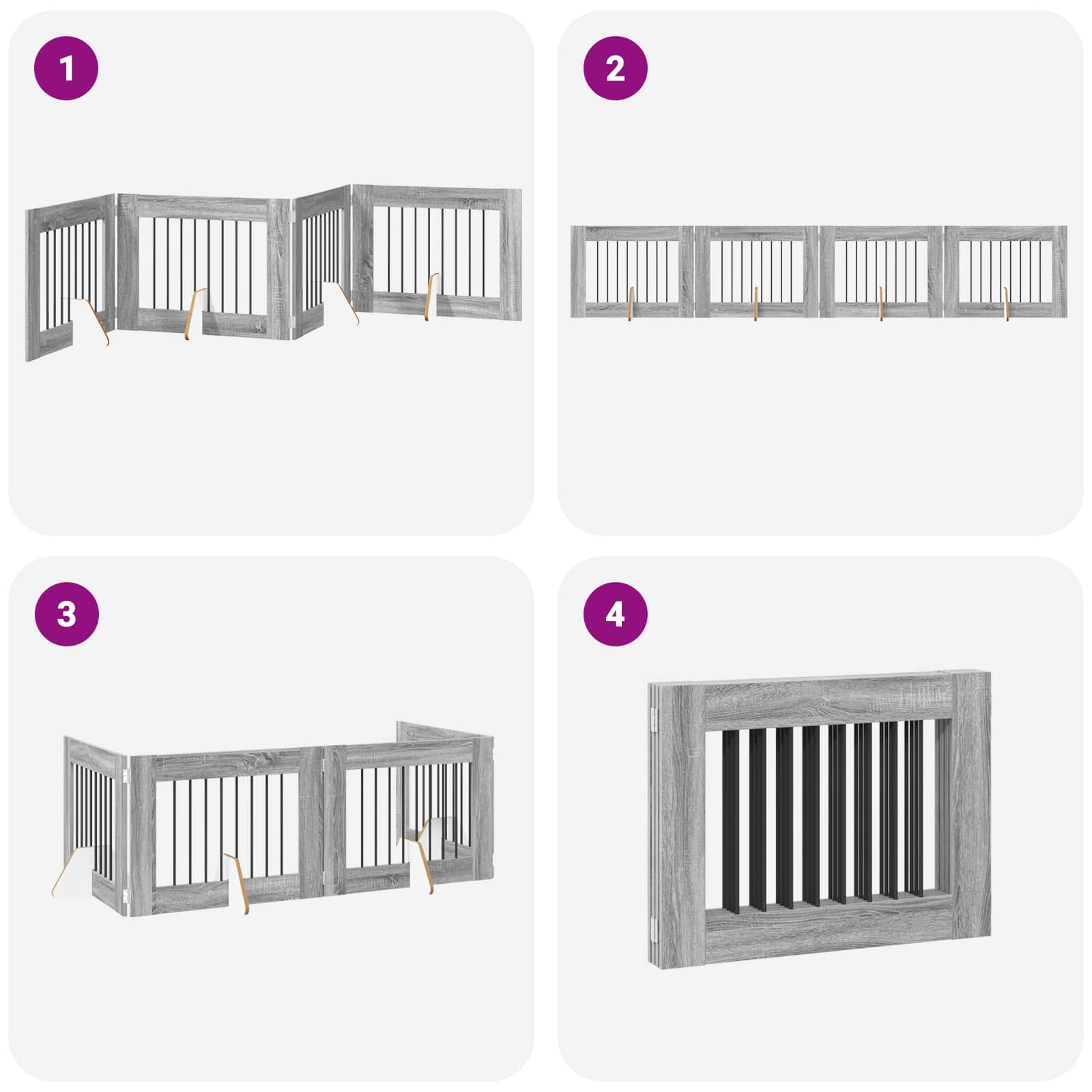 Cancello per cani pieghevole con supporti 4 pz Sonoma grigio