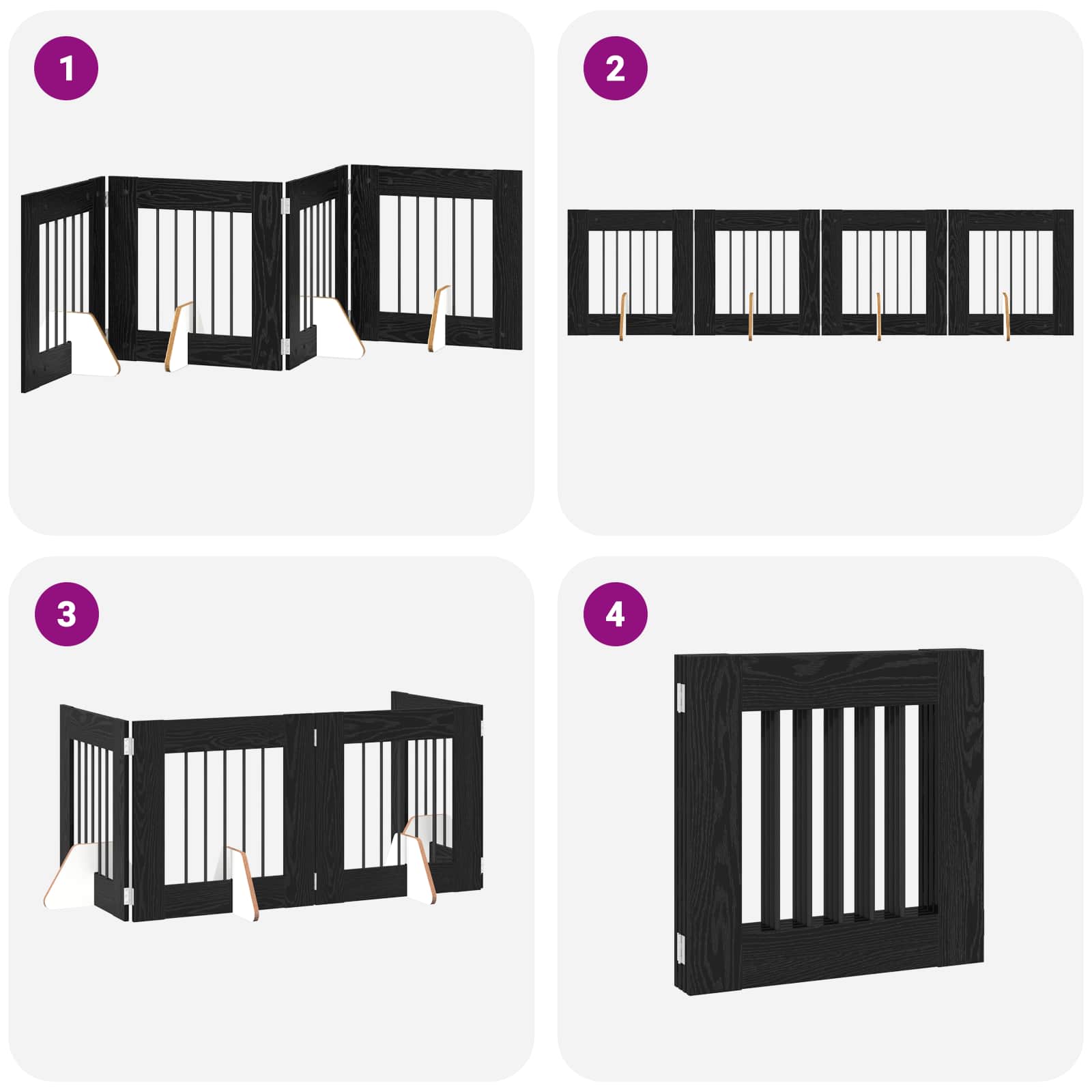 Cancello per cani pieghevole con supporti 4 pz Rovere Nero