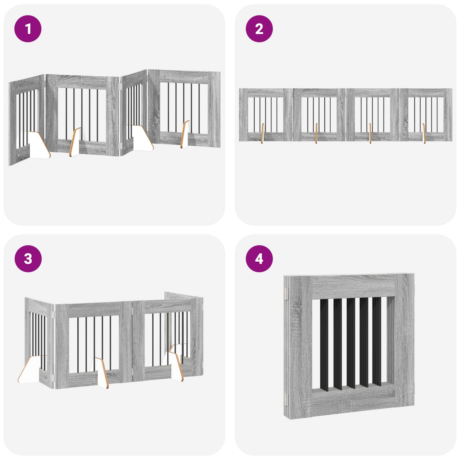 Cancello per cani pieghevole con supporti 4 pz Sonoma grigio