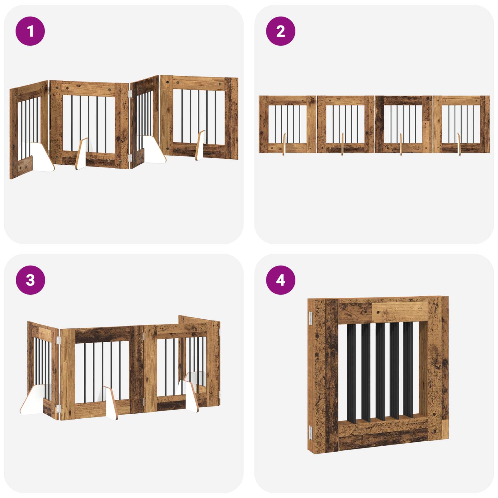 Cancello per cani pieghevole con supporti 4 pz Legno antico
