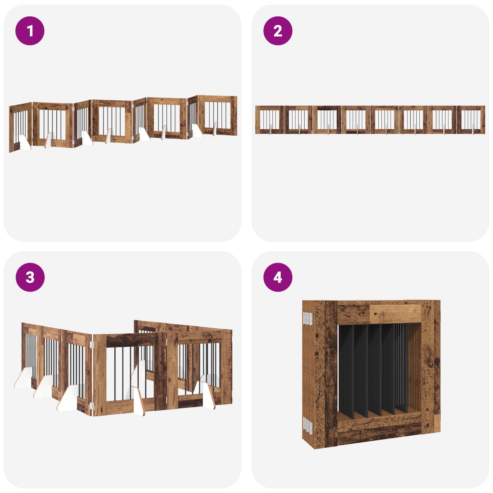 Cancello per cani pieghevole con supporti 8 pz Legno antico