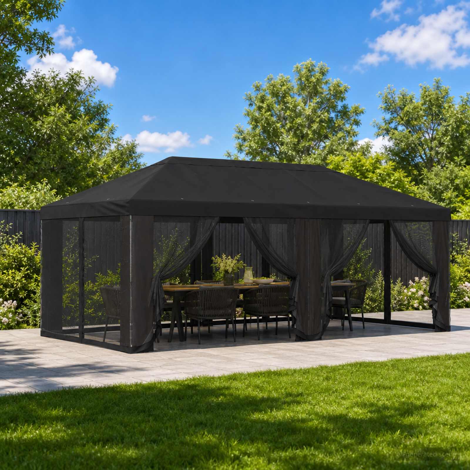 Copertura Gazebo con Pareti Laterali 6 x 3 m Nero Poliestere
