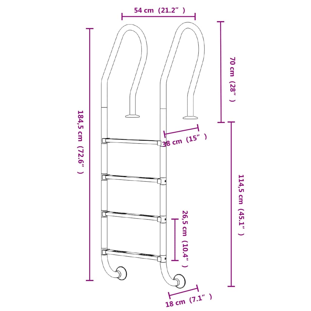 Scala per Piscina 54x38x184,5 cm in Acciaio Inox 304