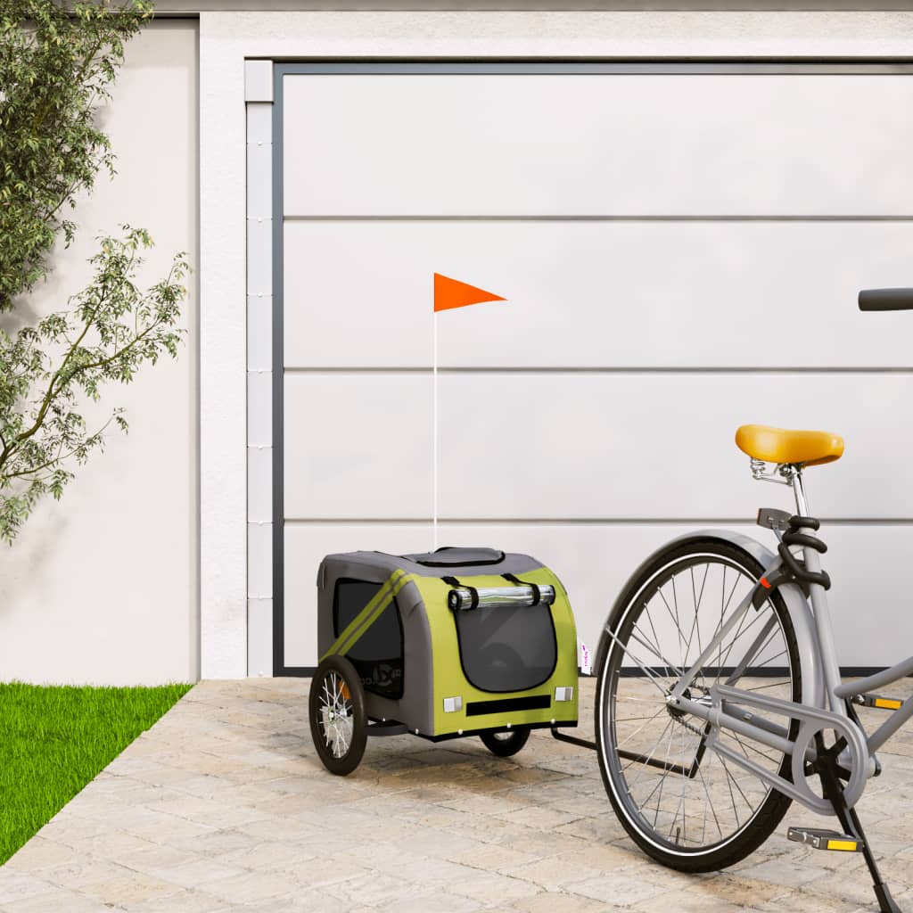 Rimorchio da Bici per Animali Verde e Grigio Oxford e Ferro