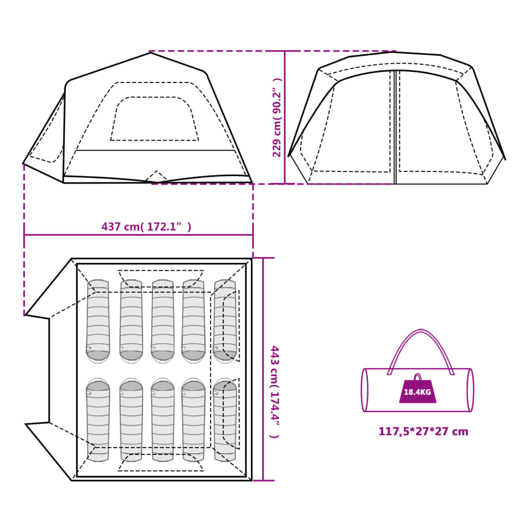 Tenda Famiglia LED 10 Persone Grigio/Arancione Rilascio Rapido