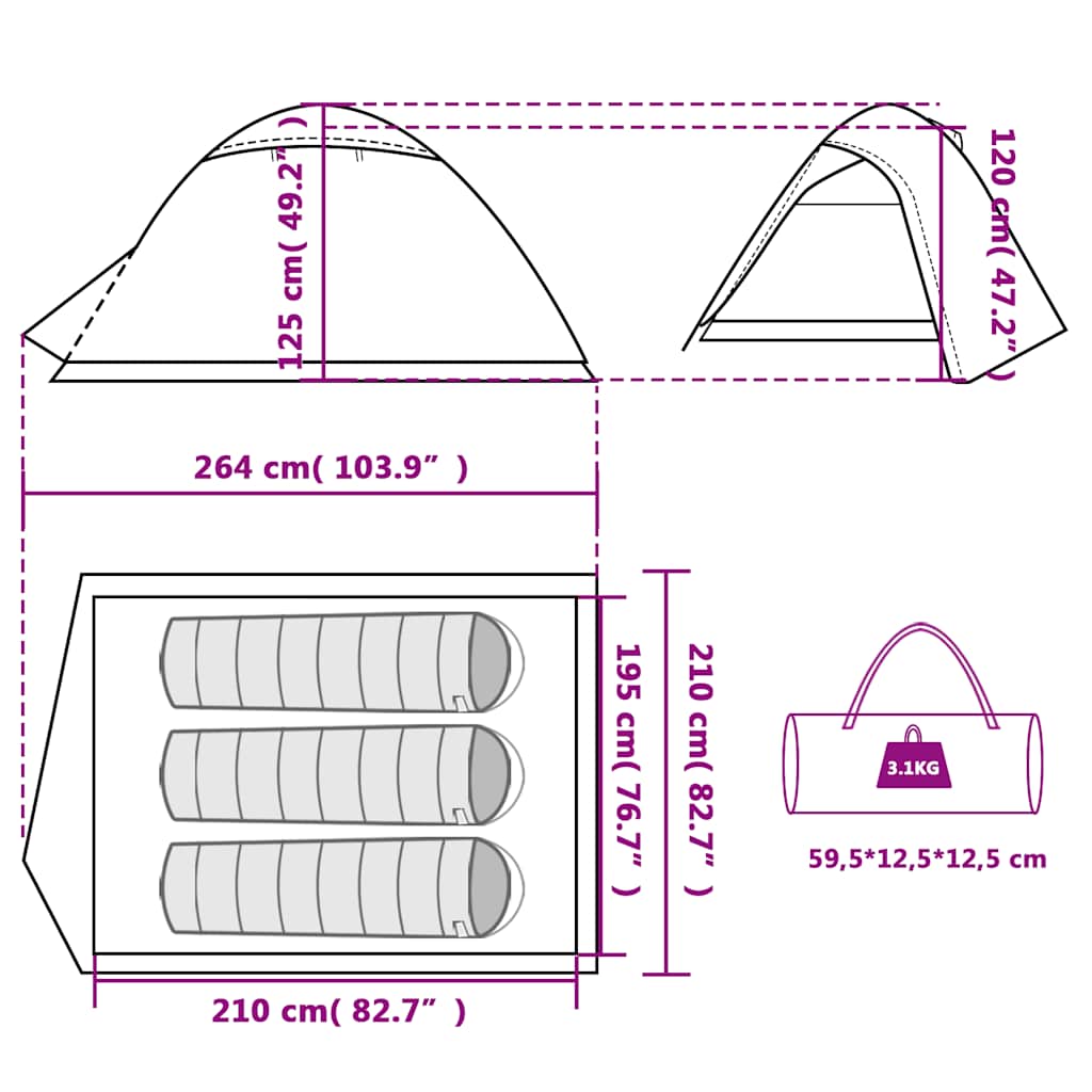 Tenda da Campeggio a Cupola per 3 Persone Verde Impermeabile