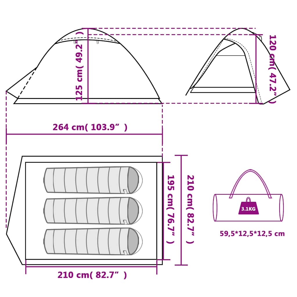 Tenda Campeggio a Cupola 3 Persone Bianca Tessuto Impermeabile