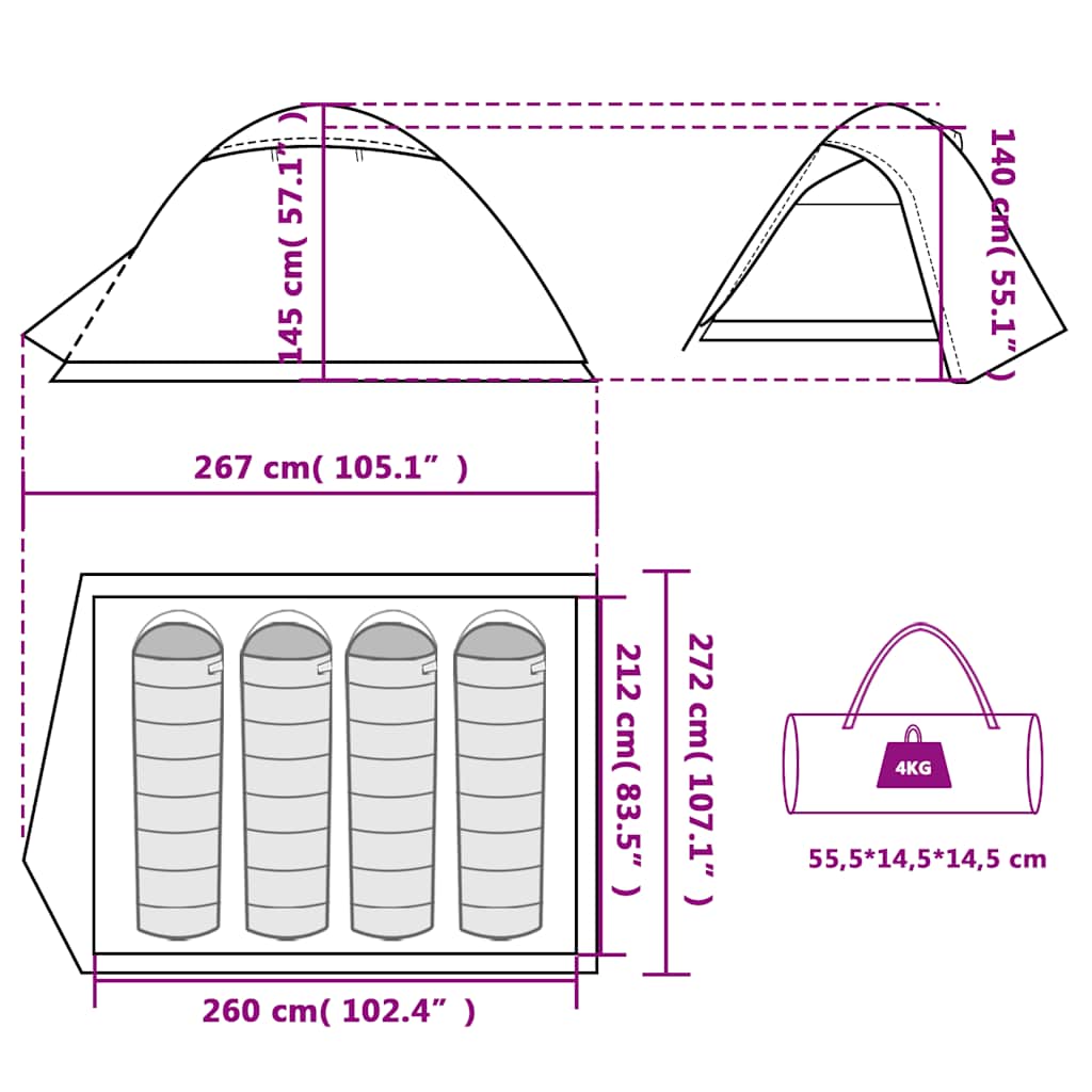Tenda Campeggio a Cupola 4 Persone Bianca Tessuto Impermeabile