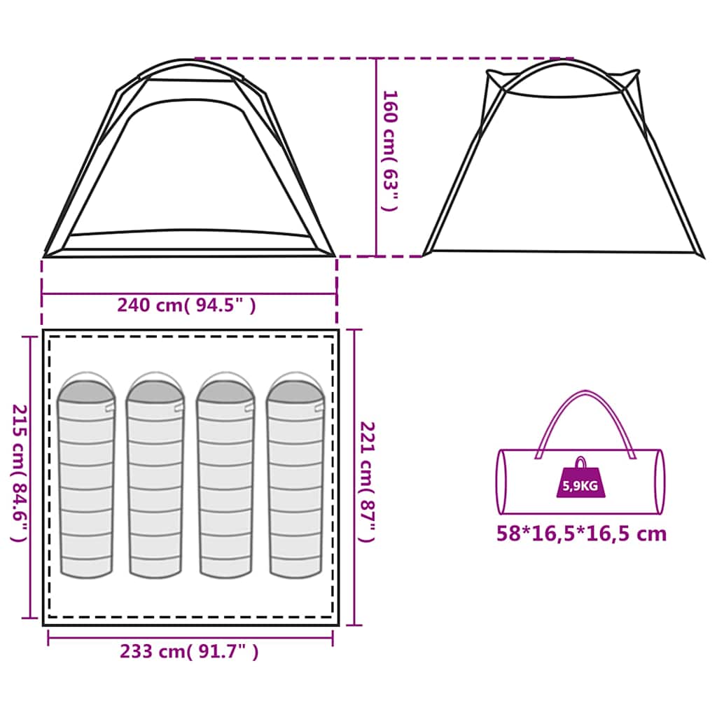 Tenda Campeggio 4 Persone Grigio e Arancione Impermeabile