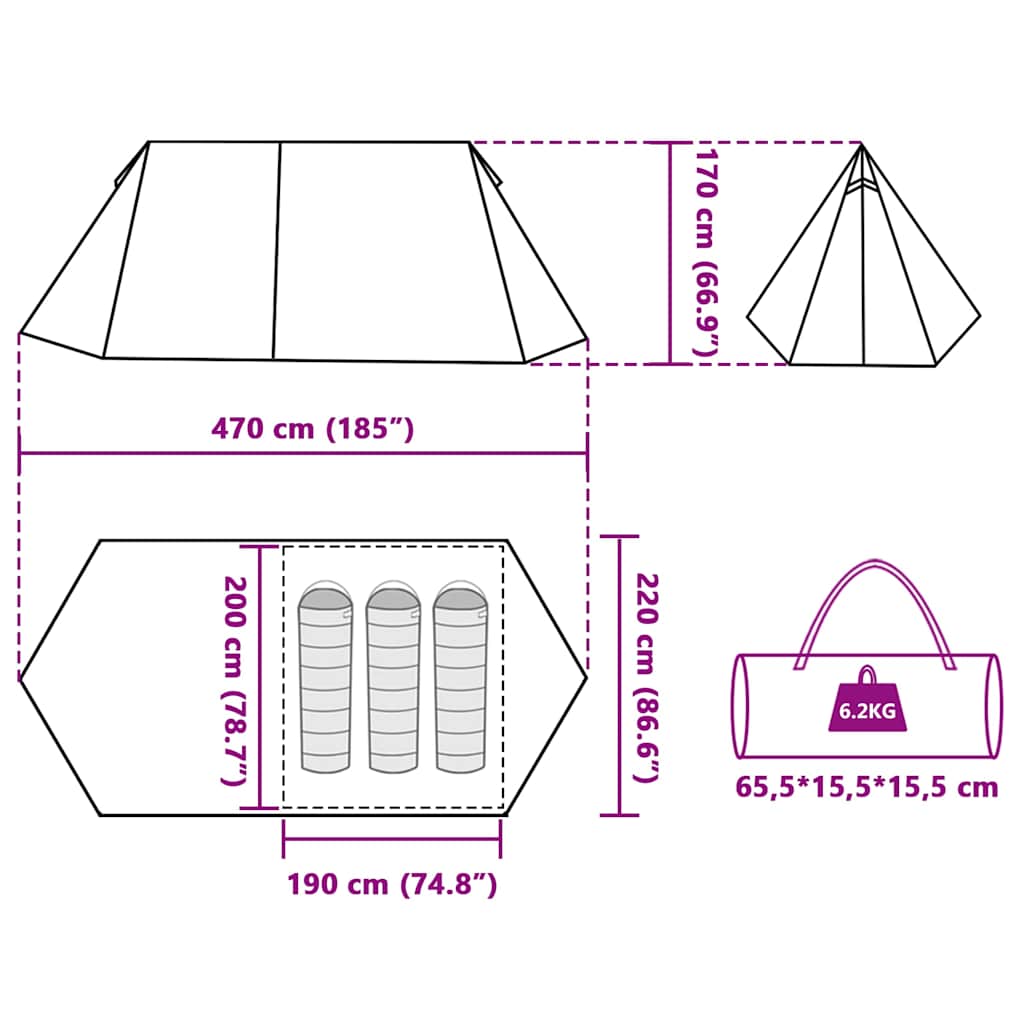 Tenda da Campeggio per 3 Persone Verde Impermeabile