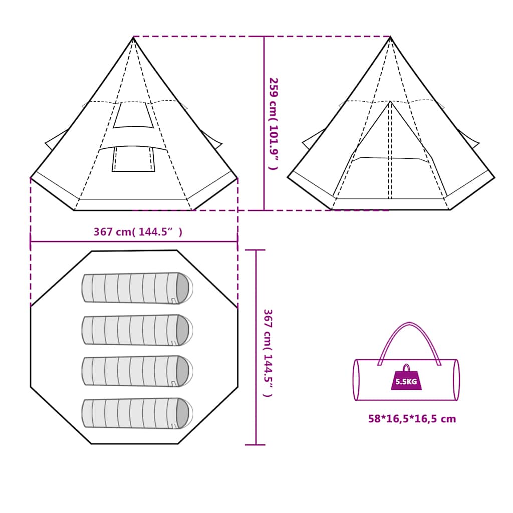 Tenda da Campeggio Tipi per 4 Persone Verde Impermeabile