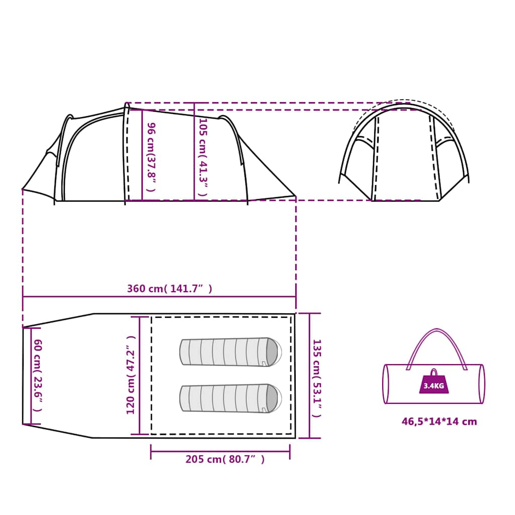 Tenda da Campeggio a Tunnel per 2 Persone Verde Impermeabile