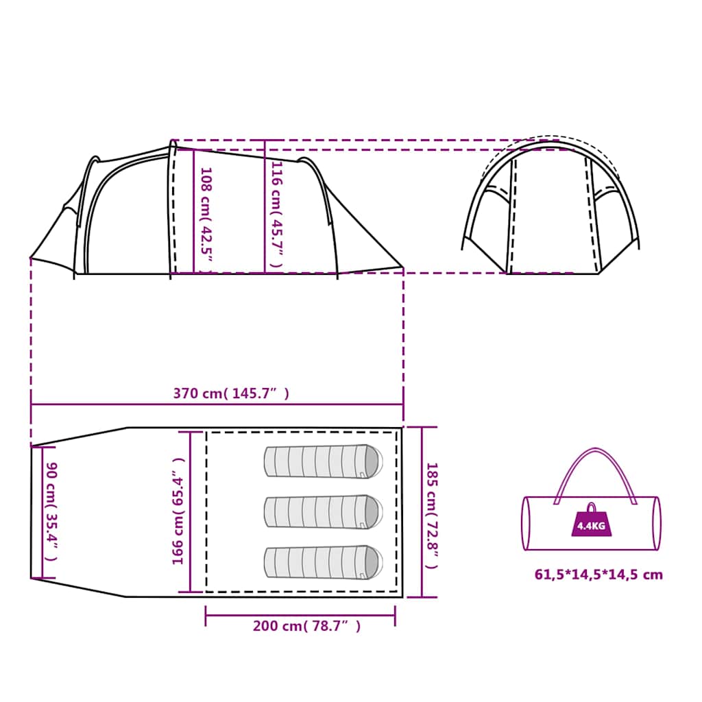 Tenda da Campeggio a Tunnel per 3 Persone Verde Impermeabile